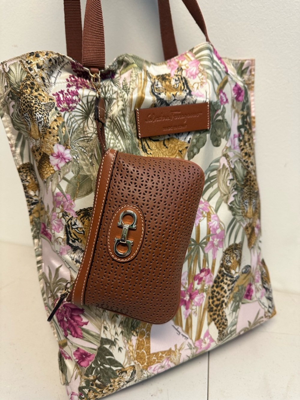 Floral Tiger Print Tote Bag with Brown Pouch - Designer Style